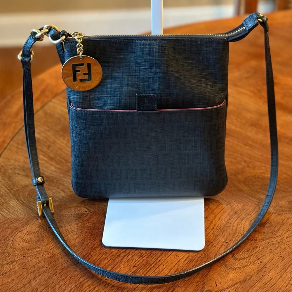 EUC Fendi Black Zucchino Coated Can as Charm. Crossbody